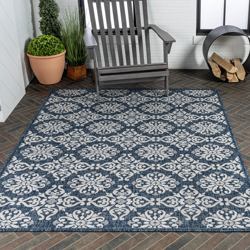 Amora Traditional Mediterranean Tile Design Navy/Cream Indoor/Outdoor Rug, Rectangle 2'11" x 4'11"