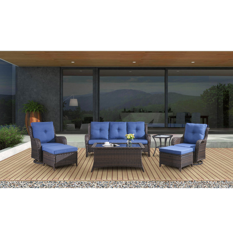 Schutt 7-Piece Outdoor PE Wicker Furniture Set with Swivel Rocker Chairs, Powder-Coated Steel Frame, Olefin Cushions & Tempered Glass Table