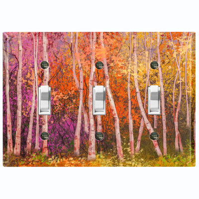 Colorful Forest Trees Orange Nature Themed 3 - Gang Toggle Light Switch Standard Wall Plate