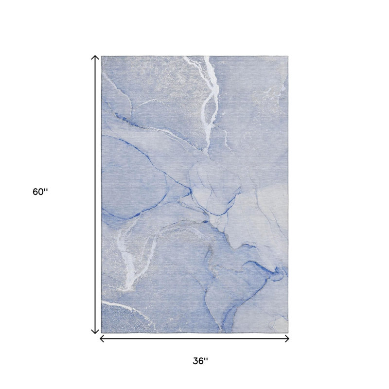 3' X 5' Blue And Ivory Abstract Washable Area Rug With UV Protection