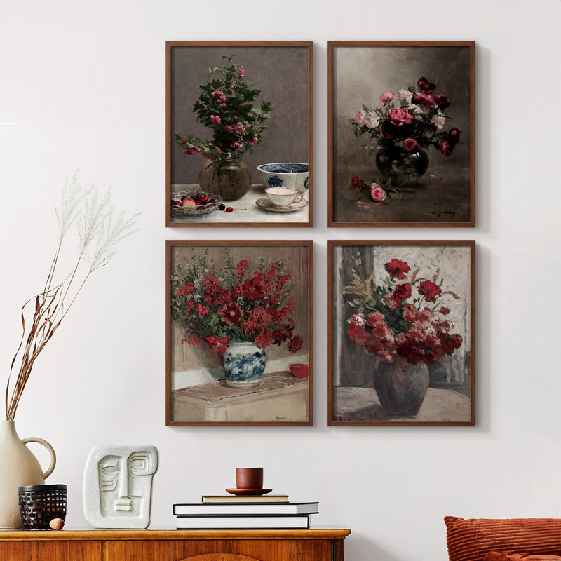 «Vintage Floral Print», impression encadrée CCLVI - ensemble de 4, Noyer, H 44 po x l 14 po