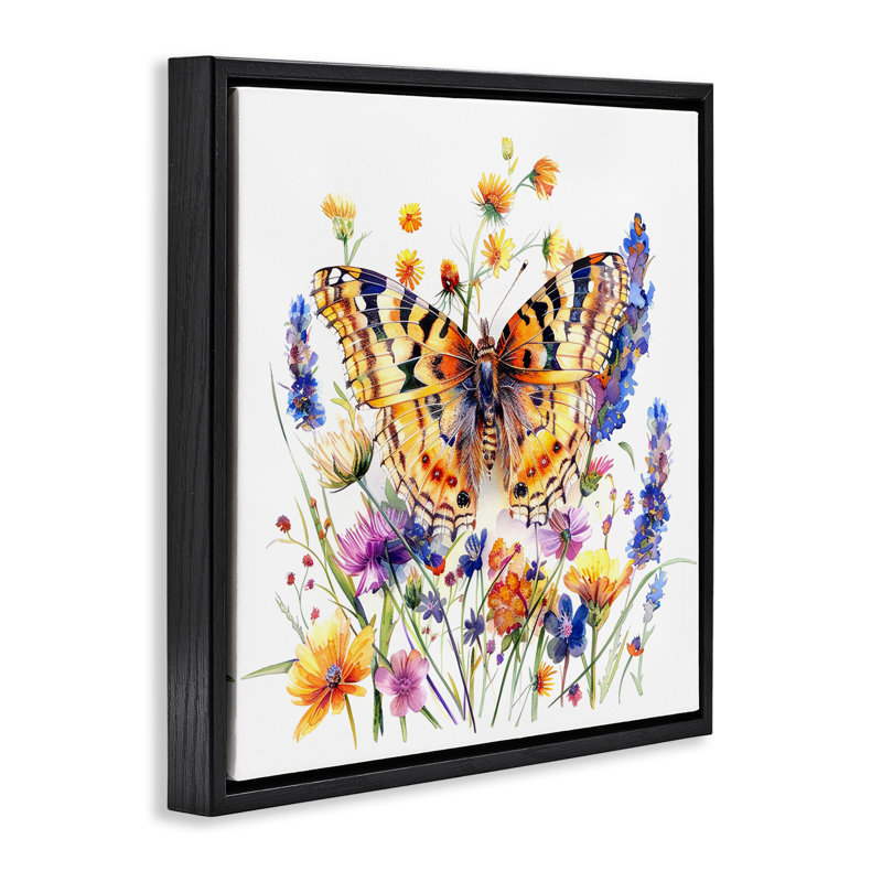  "Garden Flowers & Butterfly", art mural sur toile flottante par LSR Design Studio, Cadre flottant noir de jais