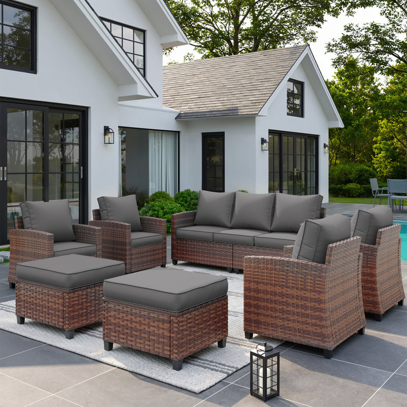 7-Piese Outdoor Conversation Sets With Cushion, Brown, Dark Gray, 7 Pcs: Sofa, 4 Chairs, 2 Ottomans