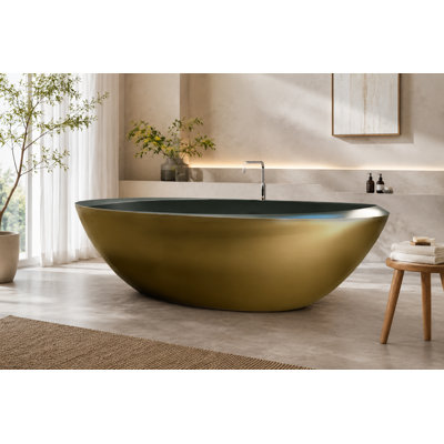 74.8" x 39.8" Oval Deep Soaking Aged Brass Green Freestanding Bathtub