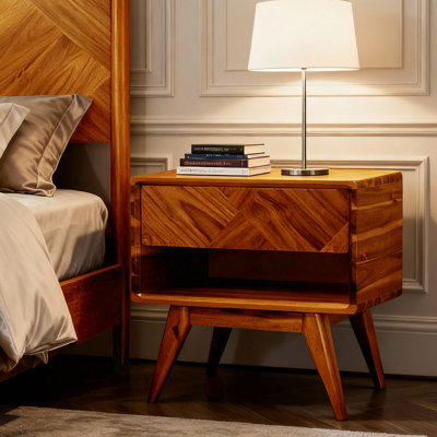 Table de chevet en bois d'acacia massif, table de chevet avec tiroir et tablette ouverte, pièce décorative Art déco de style Mid-Century, résistante aux rayures et à l'eau