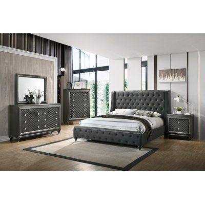 Jabron Gray Upholstered Panel Bedroom Set Special King 6 Piece: Bed, Dresser, Mirror, 2 Nightstands, Chest -  Rosdorf Park, 0AF1EA02ADDE4D77802646140AF2C8C3