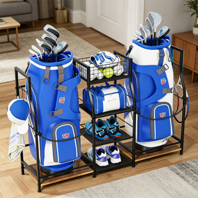 Garage Golf Bag Organizer, 2-Bag Golf Rack Stand, Spacious Storage For Golf Clubs & Equipment, Perfect Golf Gift For Men Father's Day