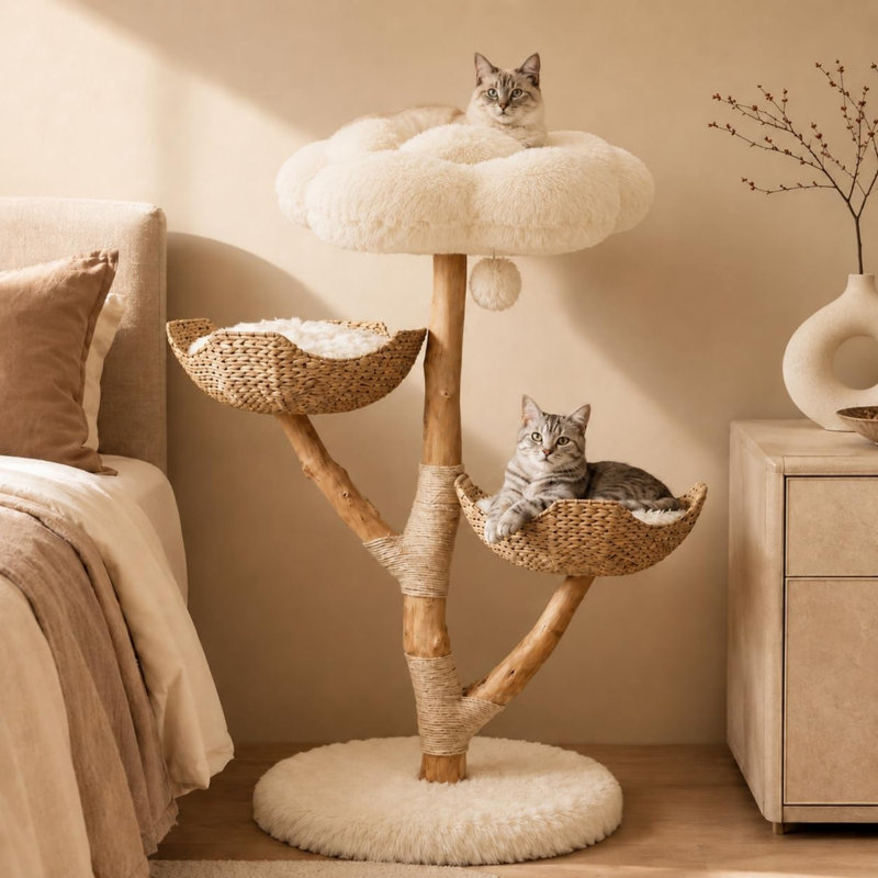 Arbre à chat en bois de pommier naturel de 113 cm avec perchoirs en panier tressé, griffoir en sisal et coussin moelleux