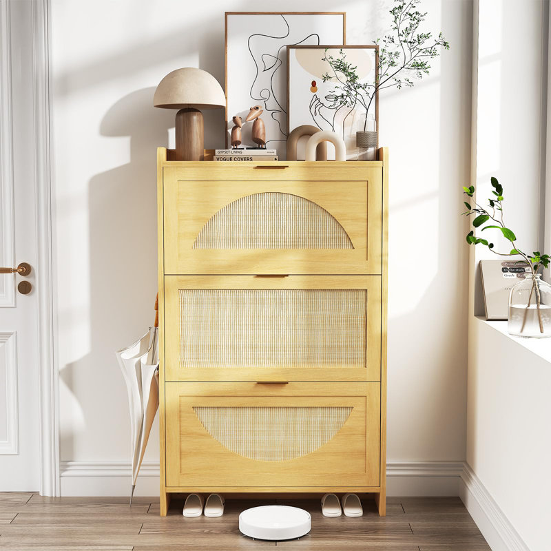 Rattan Shoe Storage Cabinet with 2 Flip Drawers, Free-Standing Wooden Shoe Organizer with Adjustable Shelves, 3 Drawer