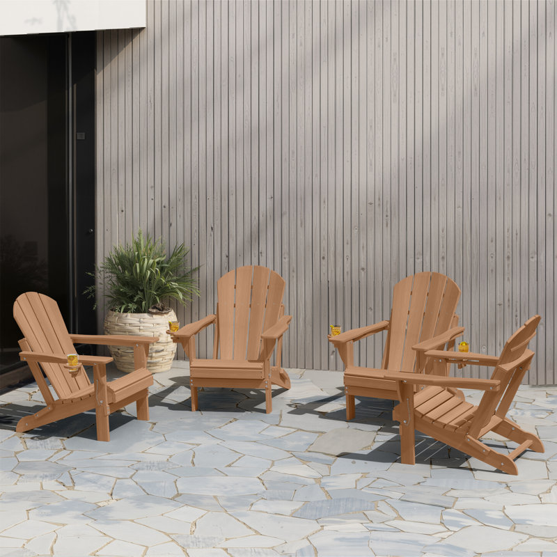 Besteiro Adirondack HDPE Foldable Chair Wood Texture  With Cup Holder, Teak
