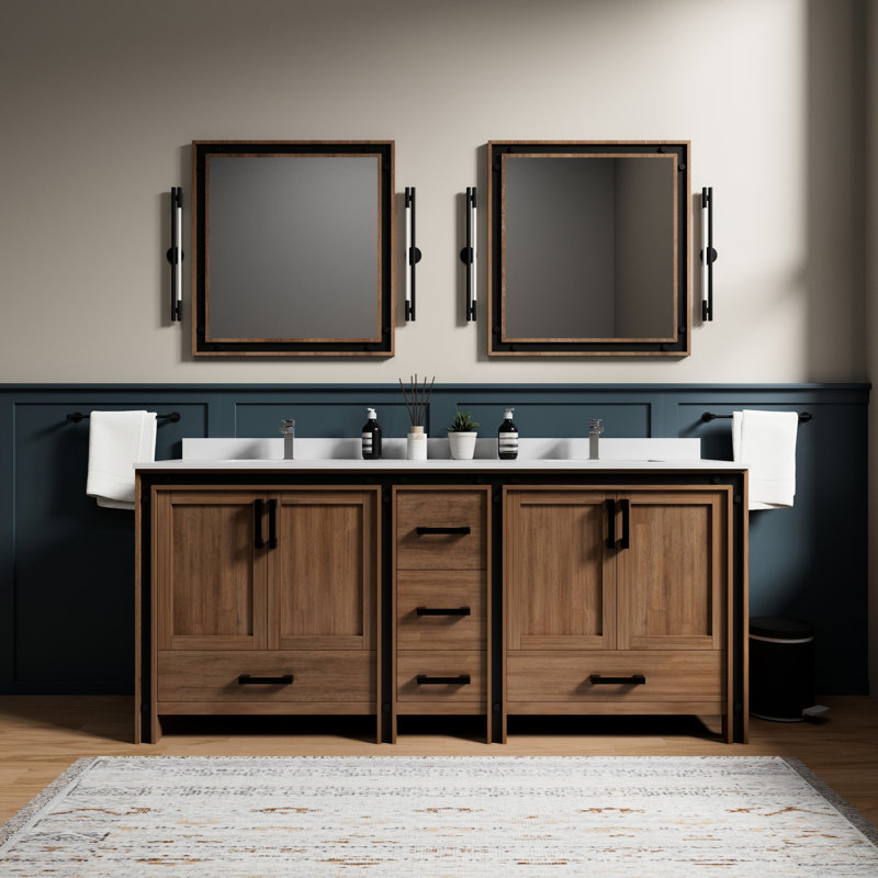 80 po Grand meuble-lavabo double rustique pour la salle de bain, comptoir en marbre de culture, 30 miroirs, conception à fermeture en douceur, deux armoires et cinq tiroirs avec salle de bain 81 W avec fonction de fermeture, grand