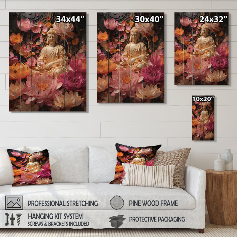 Bouddhisme doré rose, lotus Illuminations III sur bois, H 32 po x l 24 po x P 0,78 po