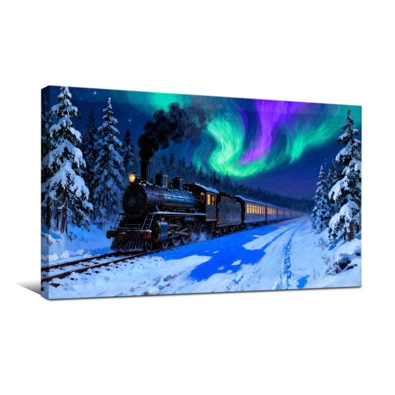 Noël, train à vapeur, forêt enneigée, ciel aurore, H 20 po x l 40 po