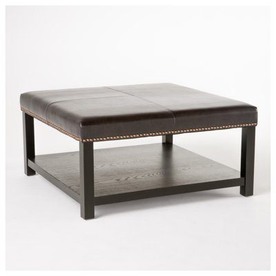 35" Wide Large Square Ottoman Bench with Storage Rack, Faux Leather Coffee Table & Solid Wood Legs, Oversized Living Room Seating, Brown