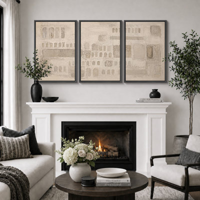 Soft Taupe Architectural Shape Artwork, Bedroom Pictures, Framed Canvas Giclee Print 3 Pieces Wall Art
