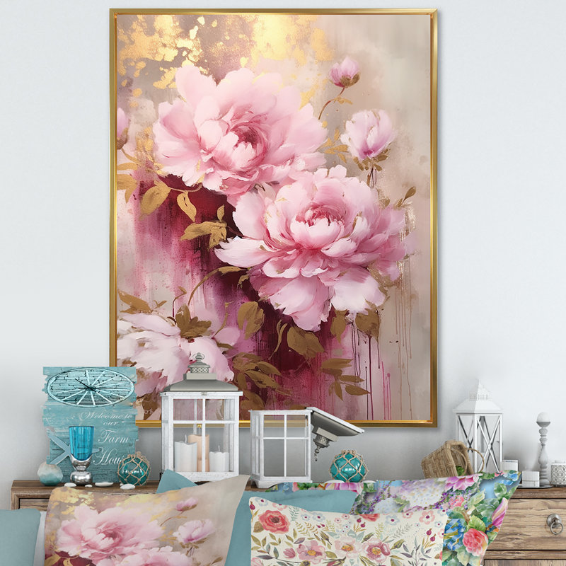 Rose et pivoines dorées dans un éclat - pivoines, art mural large, 40" H x 30" W, Cadre flottant doré