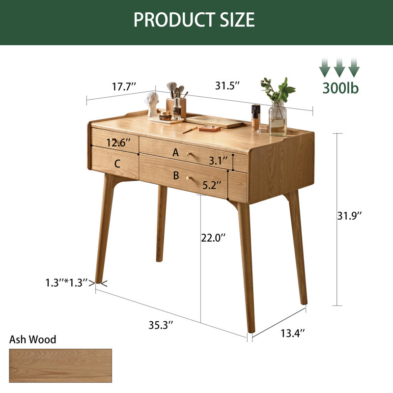 Coiffeuse 31,5 "avec 3 tiroirs en frêne massif, Non, L 31,5 po, Bois de frêne naturel