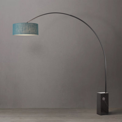 Iconic 95" Mid-Century Modern Arc Lamp - Black Nickel Steel, Black Marble Base, Turquoise Linen Drum Shade, Dimmable, 1-Light, 95"H
