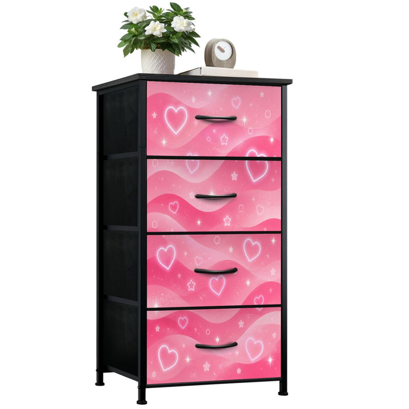 4 Drawer Vertical Storage Dresser Pink Heart Star Neon Glow Sparkling Accents with Wood Top Fabric Pull Drawers
