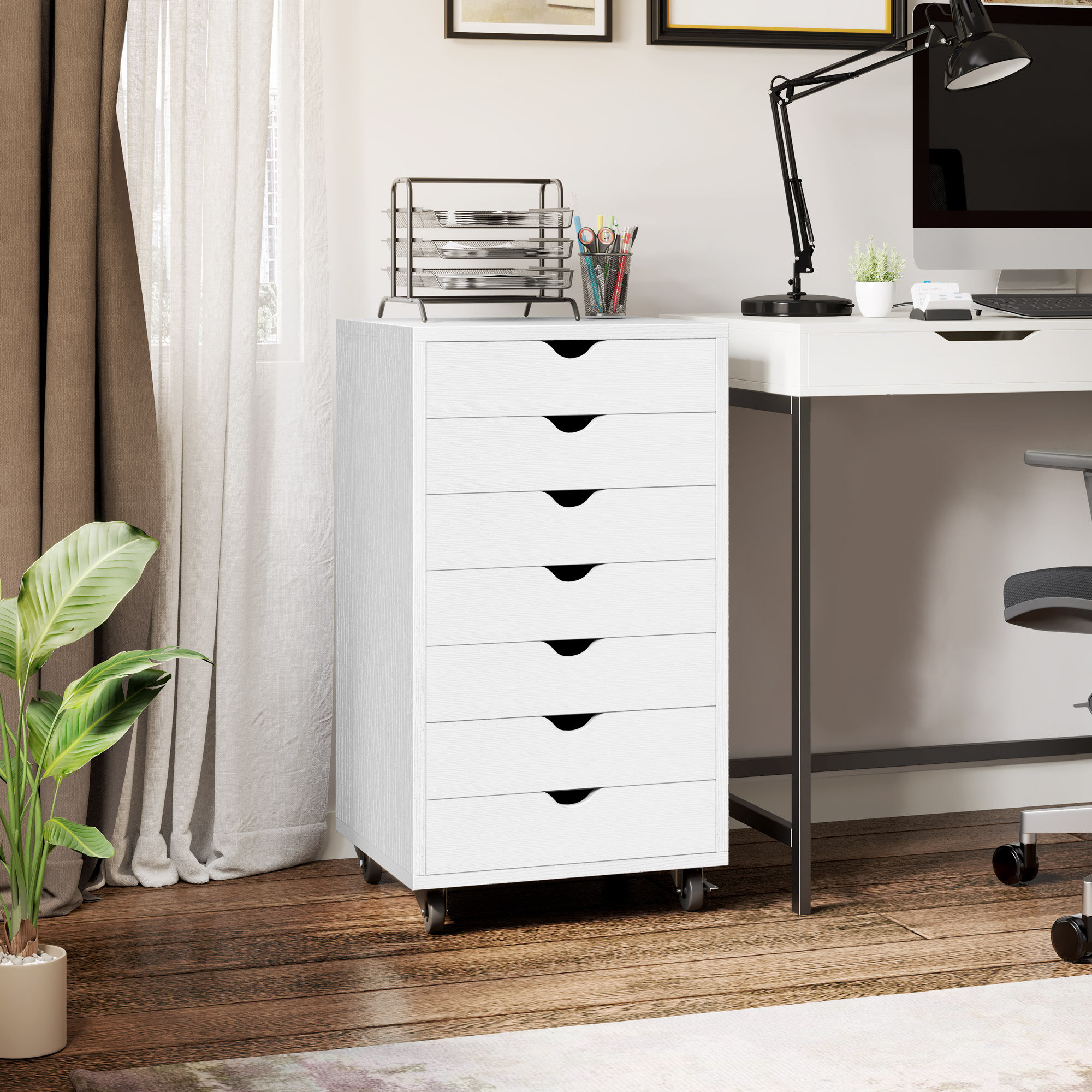 6-Drawer Office Storage File Cabinet on Wheels, Desk Filing Drawer Unit, Craft Storage Organization Inbox Zero Color: White