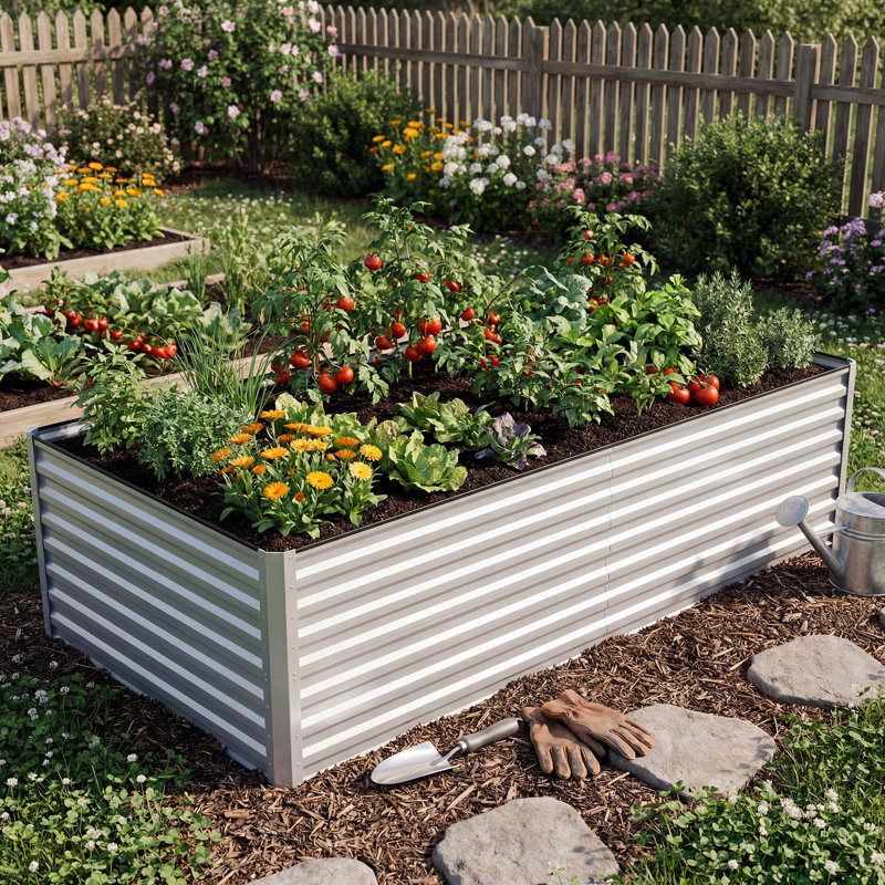 Large Galvanized Raised Garden Bed Kit With Gloves, Silver, 36'' H x 72'' W x 36'' D