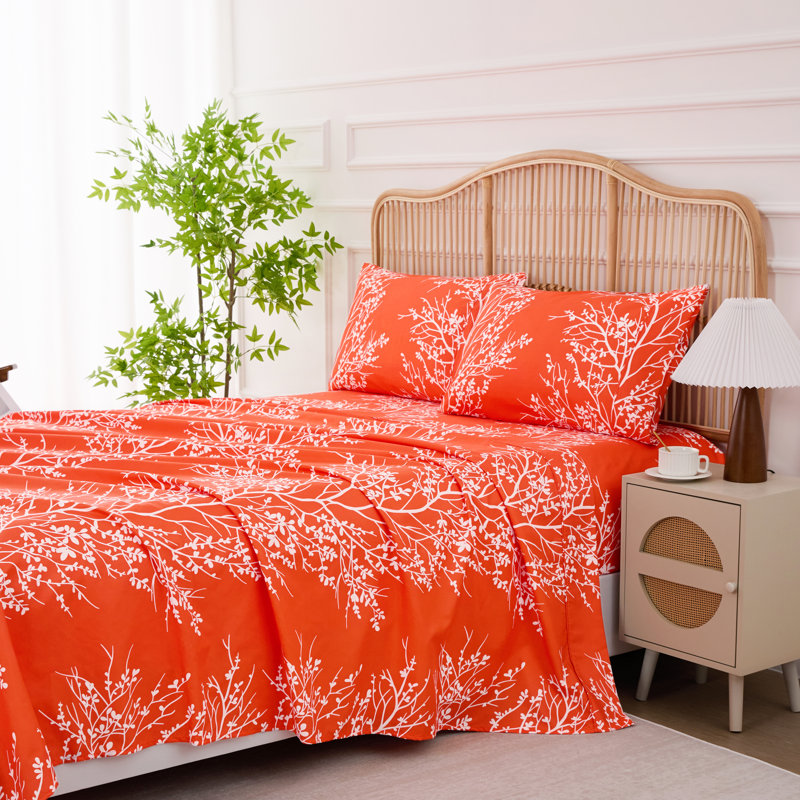 Microfiber Floral Sheet Set, Twin Sheet Set + 1 Fitted Sheet + 1 Pillowcase, White/Taupe