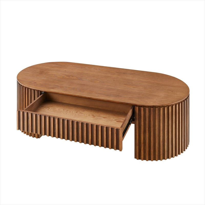 Table basse Mid-Century moderne ovale avec tiroir, finition brune classique, 51,18 pouces