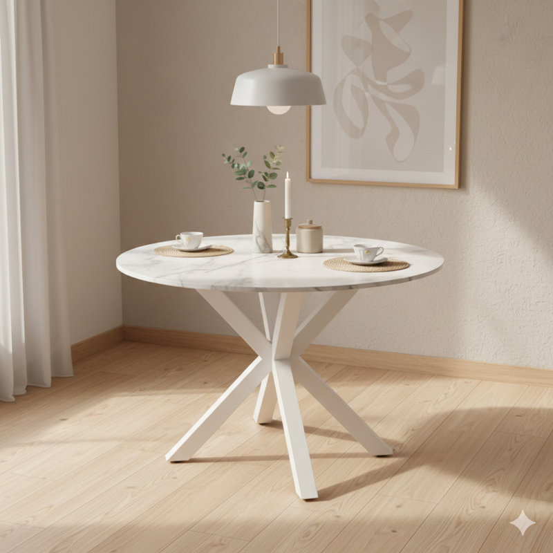 Table de salle à manger de style Mid-Century blanc de 42,1 pouces avec une base piédestal à pieds croisés et un plateau de table en panneau de fibres à densité moyenne de couleur marbre blanc. Peut accueillir 4 à 6 personnes. Peut également servir de table de bout ou de table basse de loisir.