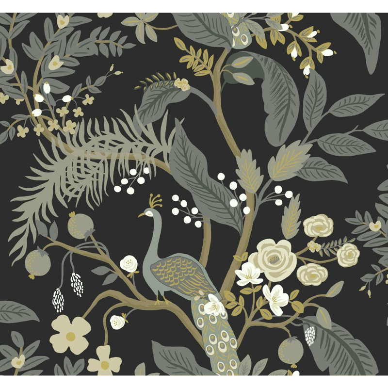 Peacock 27' x 27" Wallpaper Roll, Black/Gray