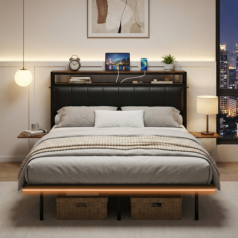 Aether Floating Double Bed Frame with Storage Headboard, Charging & LED Lights, Double