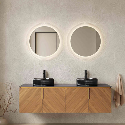 Meuble-lavabo 60 po, armoire de rangement murale moderne en contreplaqué avec 4 portes, 2 lavabos ronds en verre et comptoir en pierre frittée