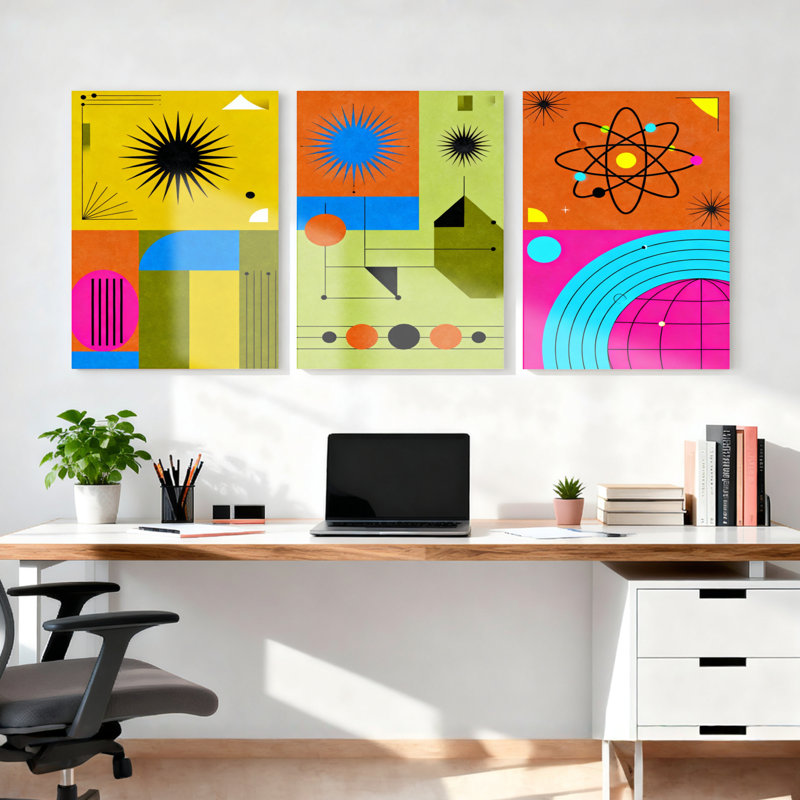 Geometric Abstract Shapes and Atomic Design Canvas Wrapped Wall Art Oil Painting Print Set of 3, 18" H x 36" W