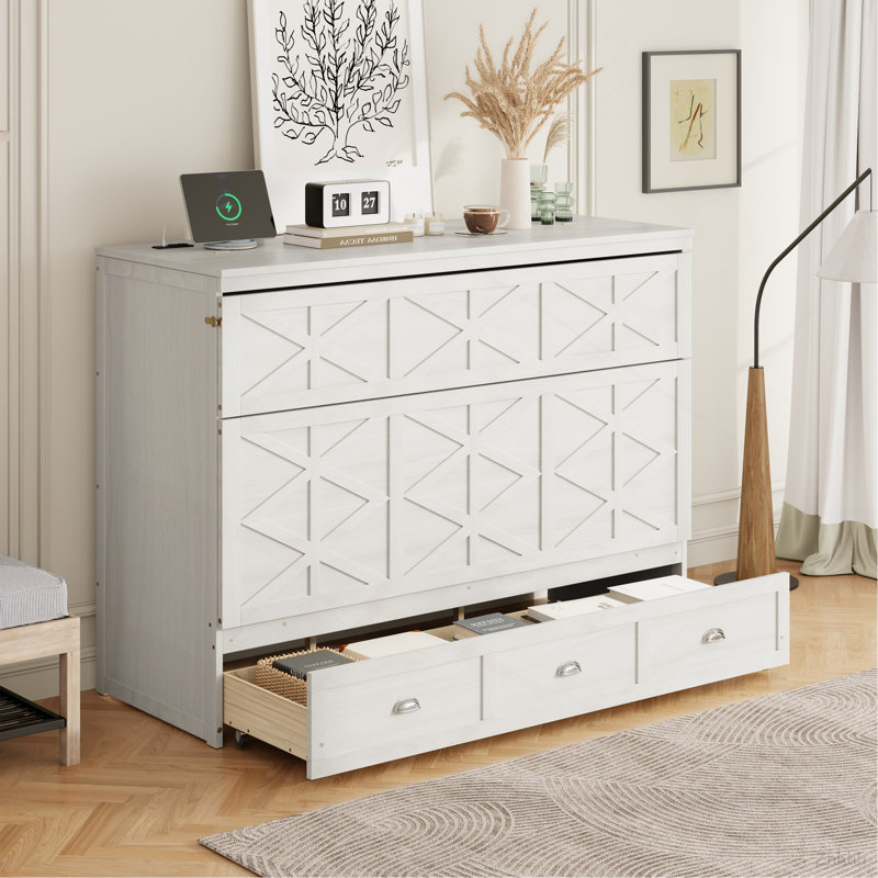Grand lit escamotable avec grands tiroirs et USB, blanc brossé, White