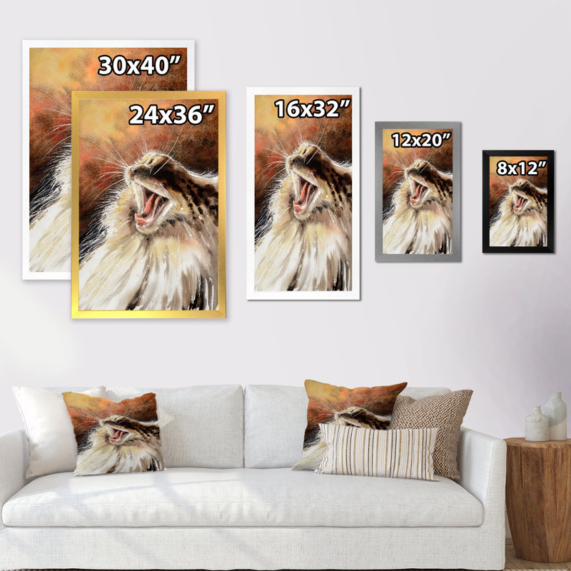 «Cute Funny Cat Yawning», reproduction d'art sur toile, Toile avec cadre blanc, H 40 po x l 30 po x P 1,5 po