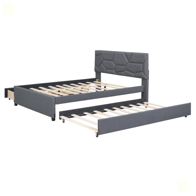 Platform Bed with Brick Pattern Headboard and Drawers, Gray
