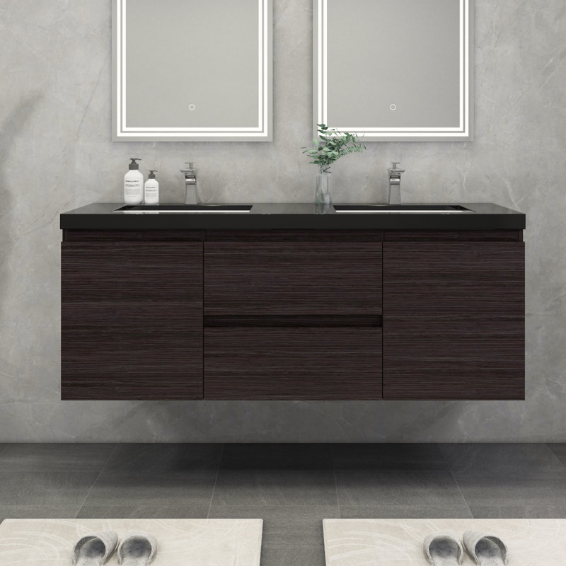 Castin 60" Wall-Mounted Double Bathroom Vanity Set, Dark Gray Oak