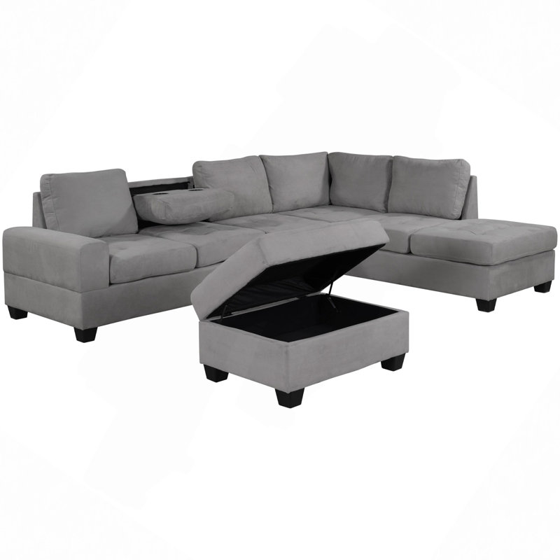 Canapé modulaire, canapé modulaire moderne avec méridienne réversible, ensemble de canapé en forme de L avec repose-pieds de rangement et deux porte-gobelets pour le salon