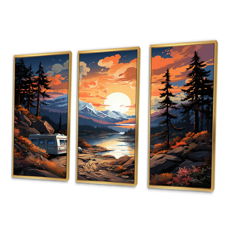 «Camping Van Charm At Sunset», ensemble d'art mural sur toile, Cadre flottant doré, H 32 po x l 48 po x P 1 po