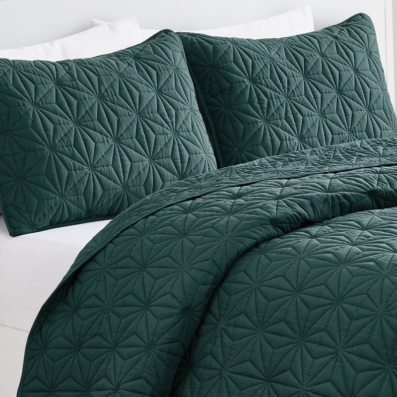 Kaleidoscope 3-Piece Embossed Geometric Quilt , Green, Full/Queen Quilt + 2 Standard Shams