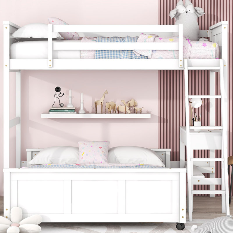 White Twin Over Full Bunk Bed With Desk - Board For Stability In Space Bedroom Option, White