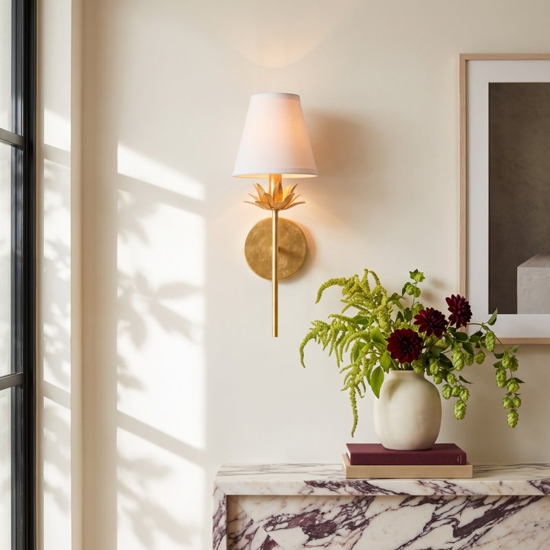 Ryland Metal Armed Sconce with Linen Shade, Gold