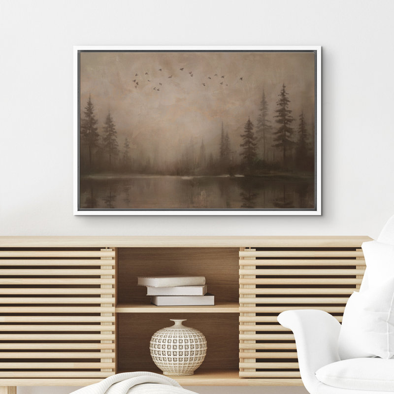 «Misty Forest Lake Scene with Flying Birds», reproduction d'art sur toile encadrée, H 16 po x l 24 po x P 1,5 po, Blanc