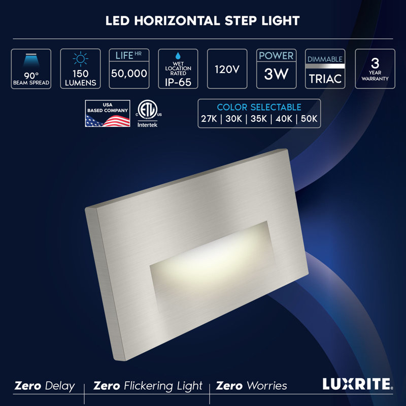 Marchepieds horizontaux à DEL Luxrite, 5CCT, 3W, 150LM, faisceau 90 °, à intensité variable, 120V, IP65, couvercle de plaque interchangeable, paquet de 4 nickel / nickel brossé intérieur / extérieur