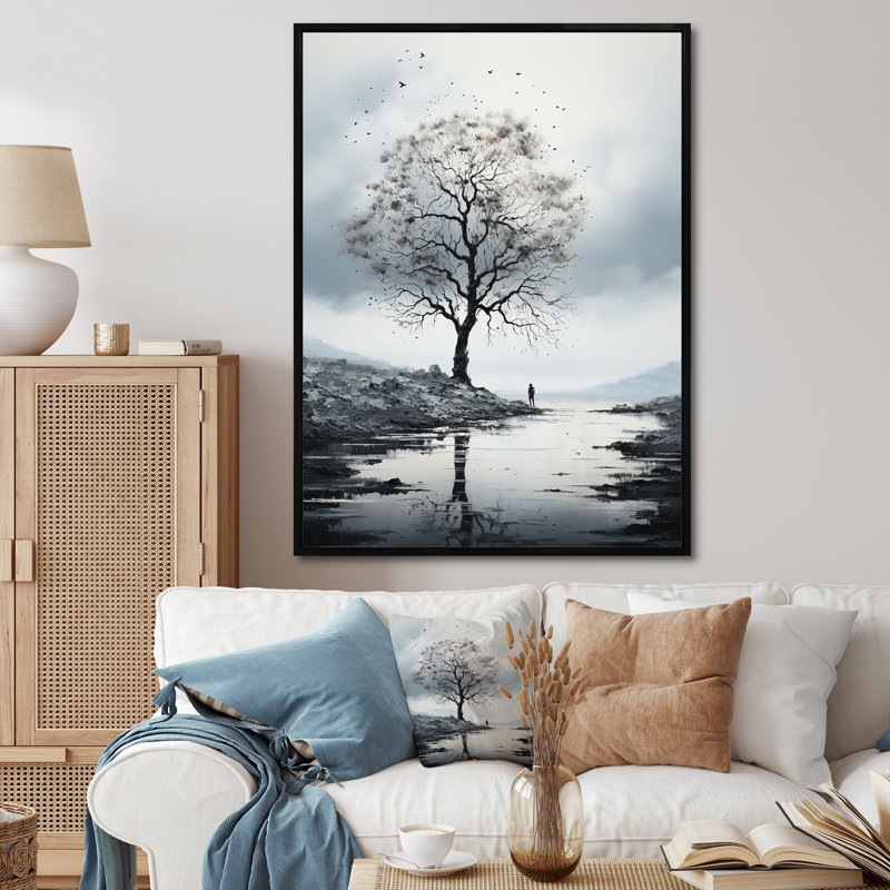 Arbre de Lynnai gris minimalisme solitude II, H 44 po x l 34 po x P 1,5 po, Cadre flottant noir