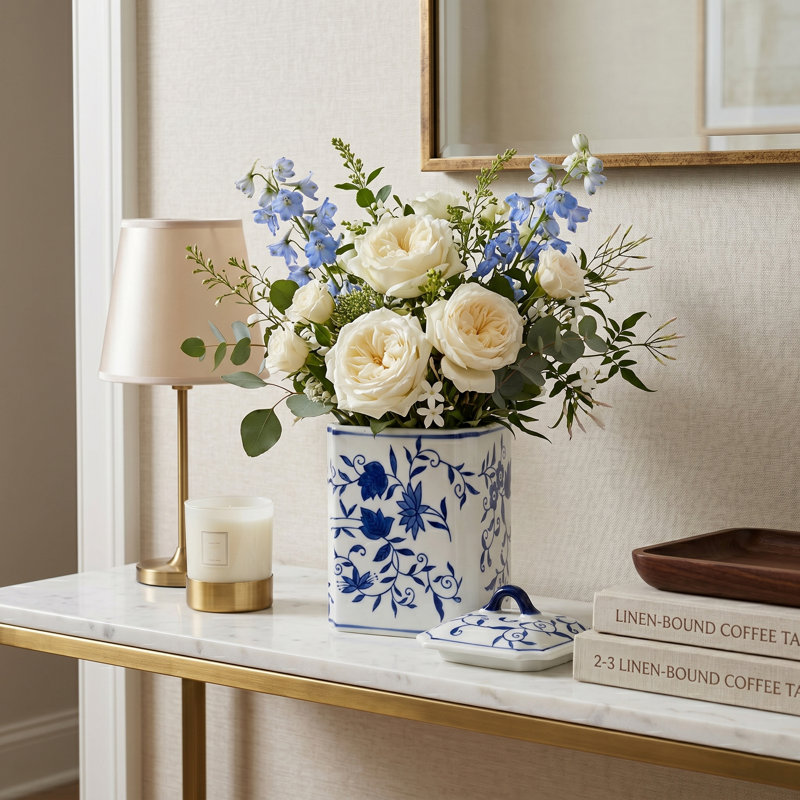 Decorative Tall Floral Box Jar with Lid for Home Decor - Classic Chinoiserie Table Jar Accent for Living Room or Entryway Styling - 9", Blue & White