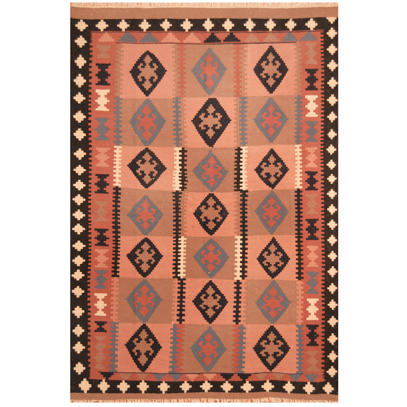Tapis rouge / noir en laine noué à la main de conception unique 6 pi 6 po x 9 pi 6 po New Age Collina