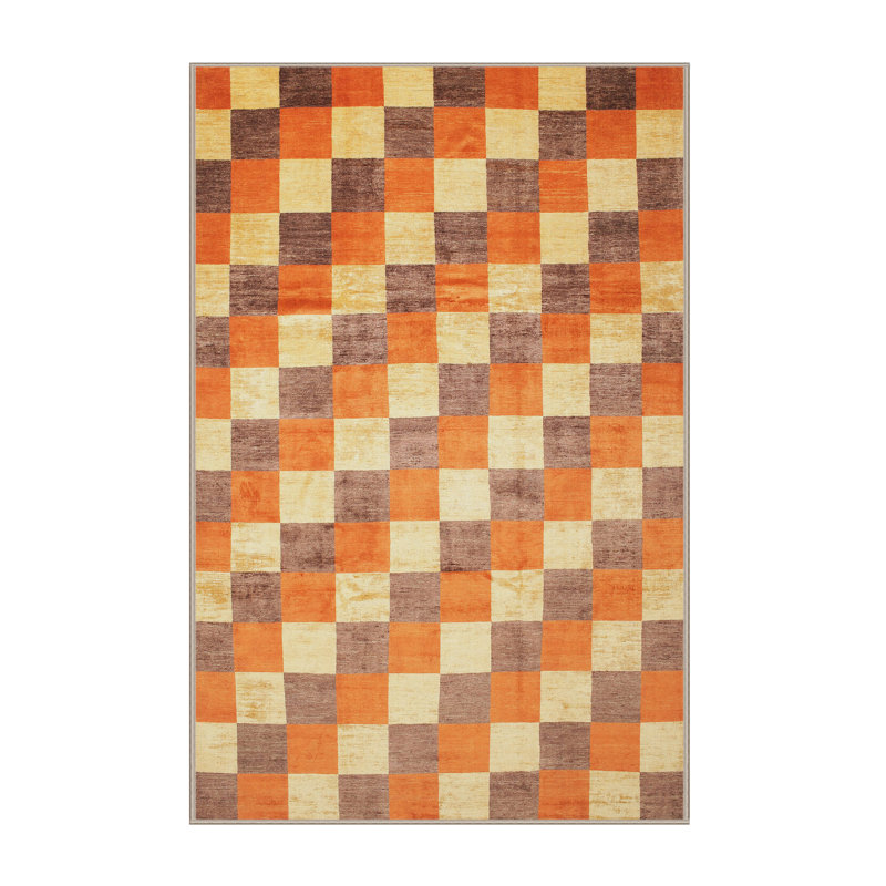 Jaune Tapis décoratif géométrique en laine/orange, Rectangle 7 pi x 9 pi