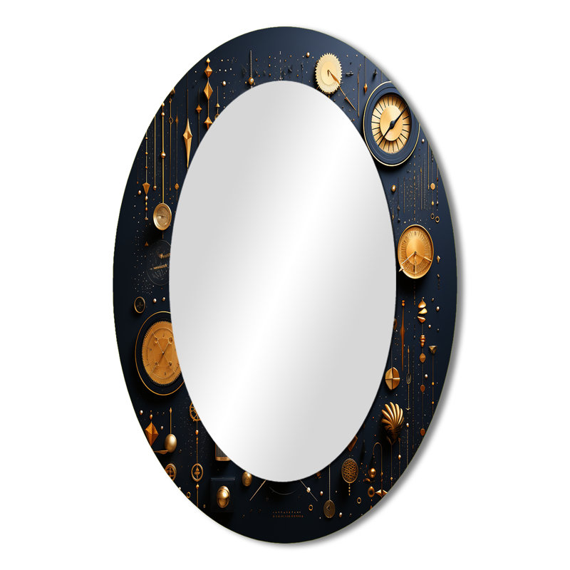 Boussole antique géométrique en or et bleu III - Miroir décoratif abstrait ovale sur métal, 36 po x 24 po