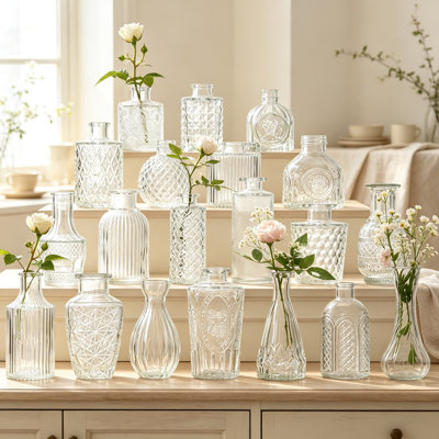Glass Bud Vase Set of Twenty for Flowers, Assorted Vintage Crystal Vases for Table Centerpieces, Home Decor, Bulk Wedding Favors