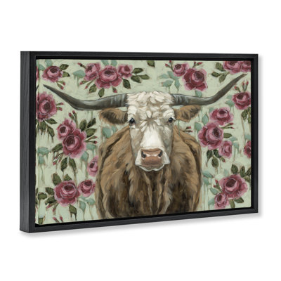 Cadre long Longhorn avec fleurs magenta flottantes, design par Sara G